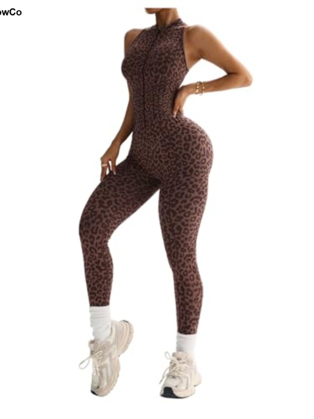 Leopard Print Zip Front Jumpsuit Unitard Romper Yoga Workout Bodycon Sleeveless